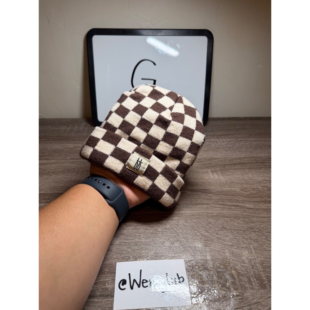 Forever French Beanie Checkerboard Pattern Brown Cream